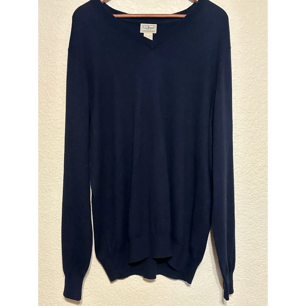 LL Bean Mens XL Navy Blue Cotton Cashmere V-Neck Sweater work Casual layer